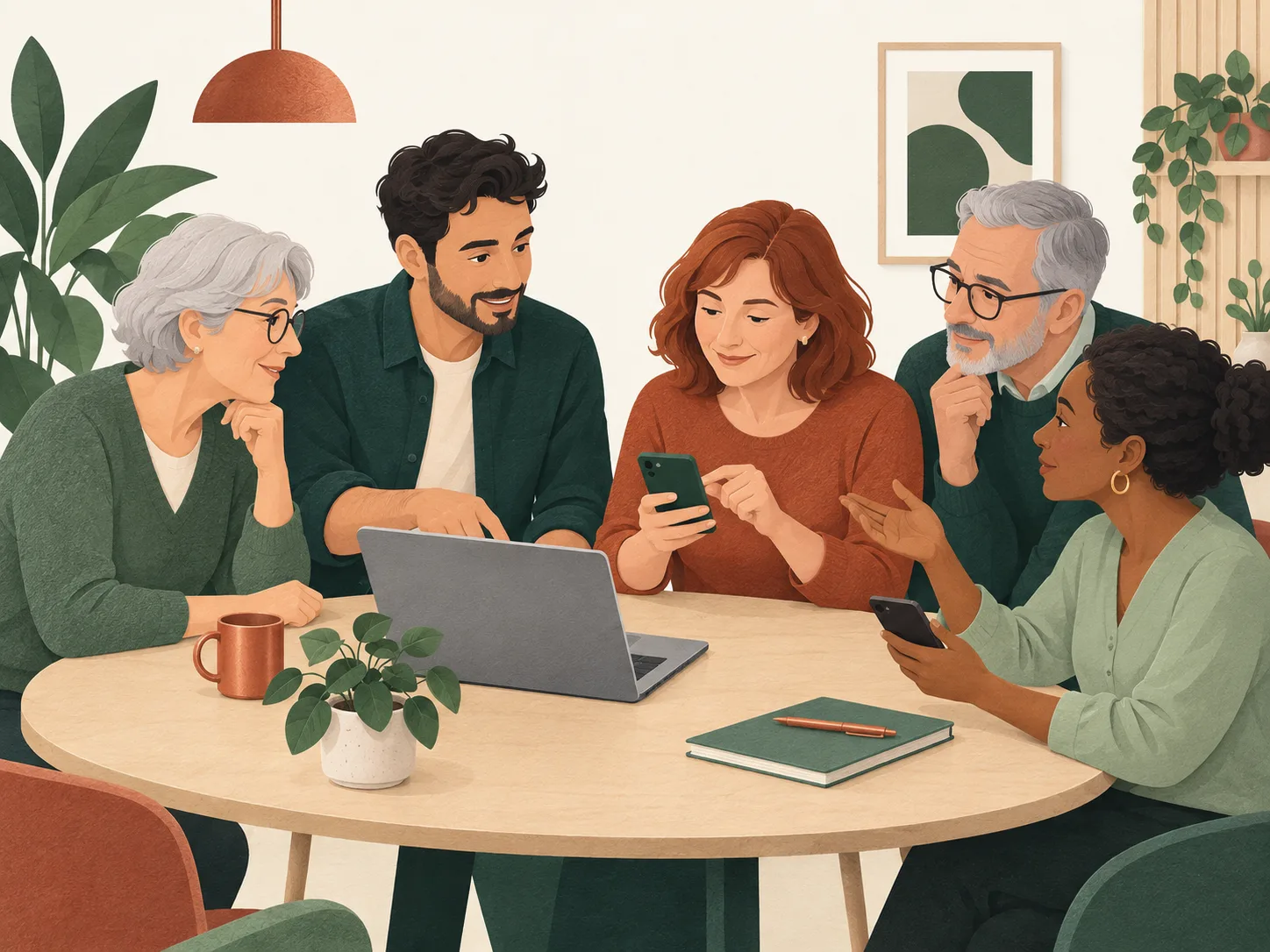 Illustration : un petit groupe échange et pratique sur ordinateur et smartphones autour d’une table.