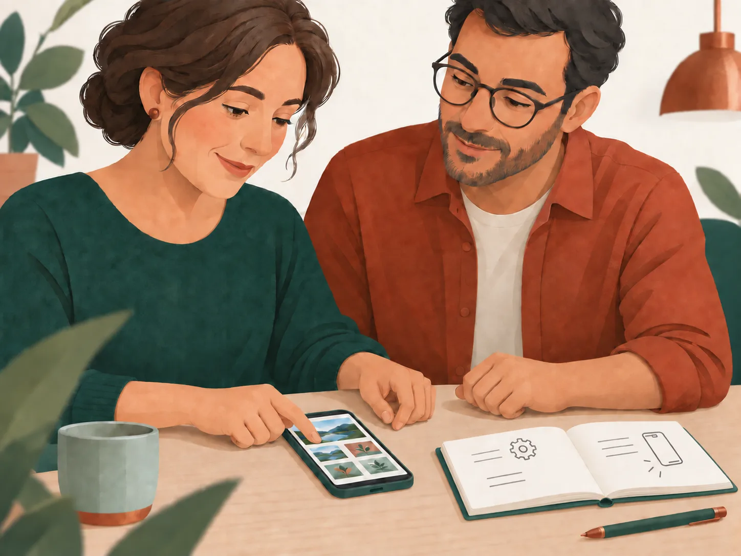 Illustration : une personne s’exerce sur un smartphone posé sur la table, avec un accompagnant et un carnet de repères.